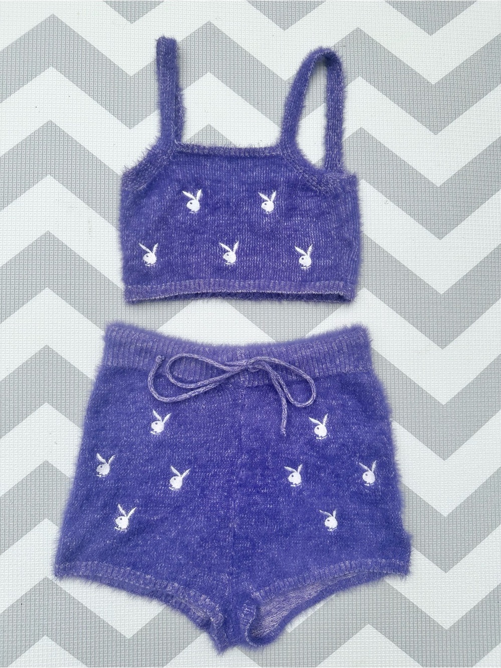 PLAYBOYxMISSGUIDED Fuzzy Knit Crop Top & High-Waist Shorts Set